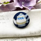 Blue bow teapot fabric button brooch vintage tea party gifts