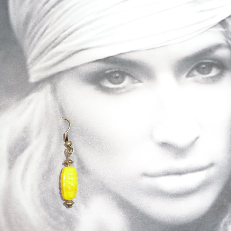 Antique Bronze Bead Earrings Yellow