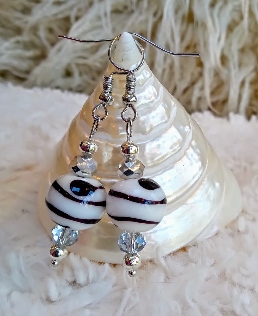 Hand-made abstract black on white glass globe beads & Swarovski crystal EARRINGS