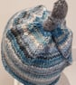 Handknit KNOTTY TOP BEANIE Stripey jacquard blue grey child teen adult small - Image 3