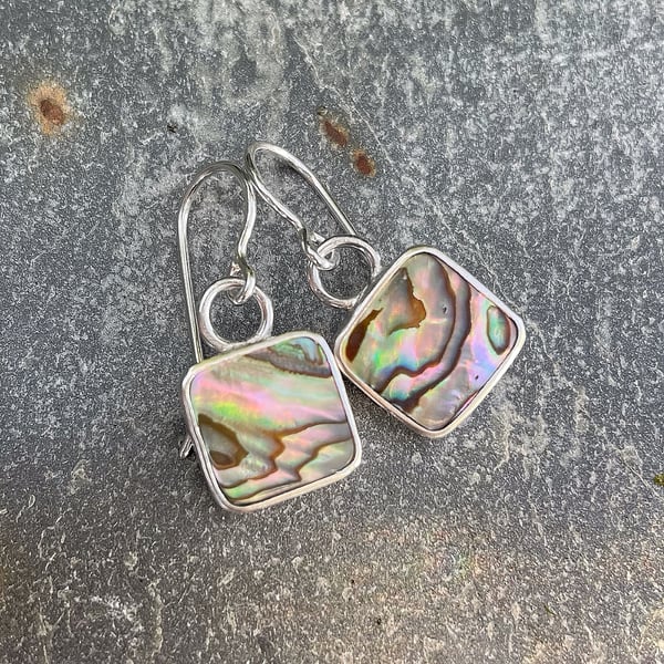 Silver square earrings set with abalone, patterned hearts on back handmade hooks