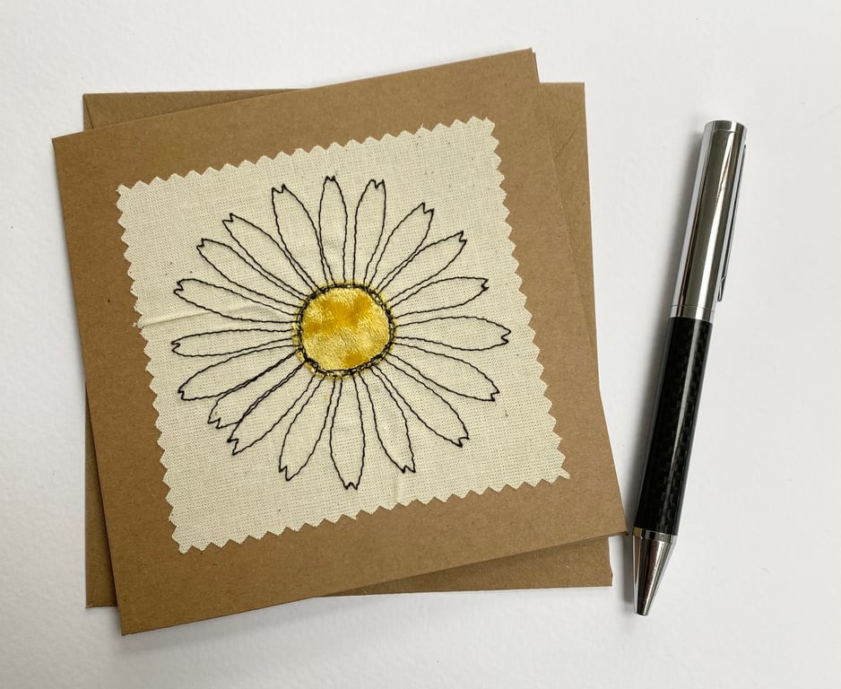 Daisy flower recycled embroidered art card. 