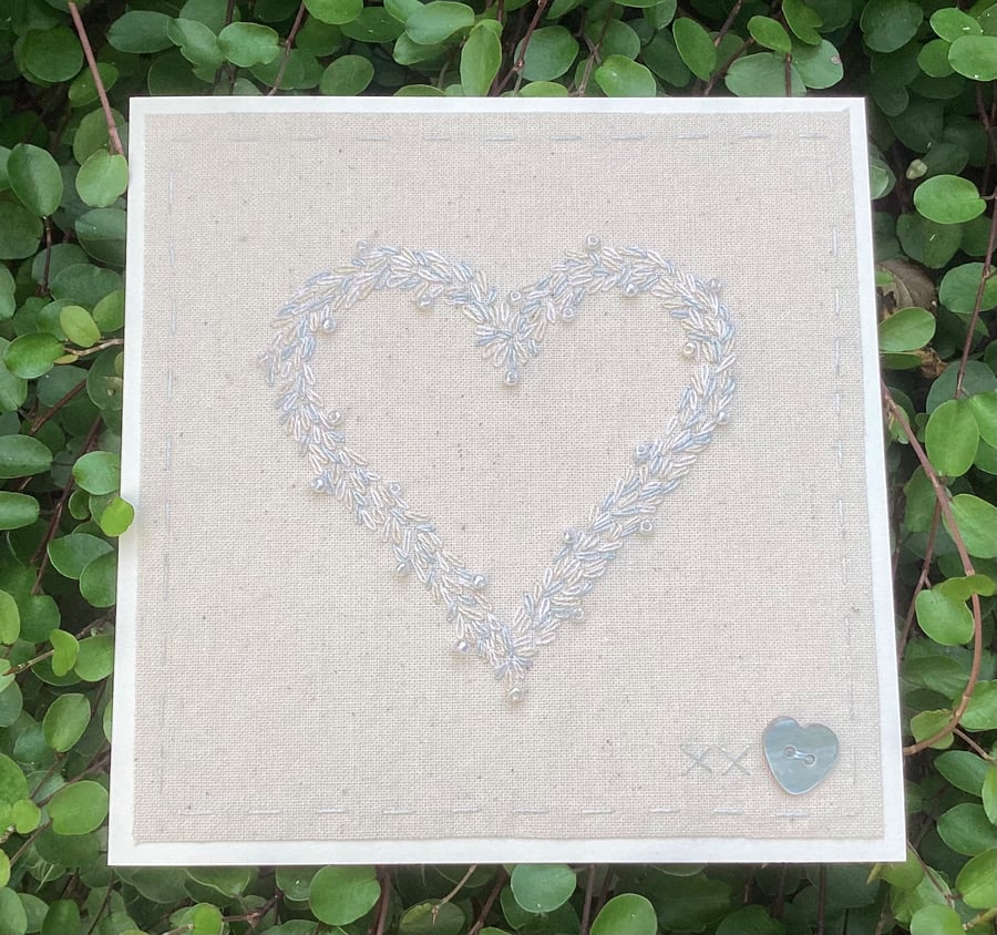 Hand Embroidered Greetings Card -Beaded Pearl Heart