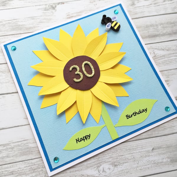 Sunflower and quilled bee birthday card - age card