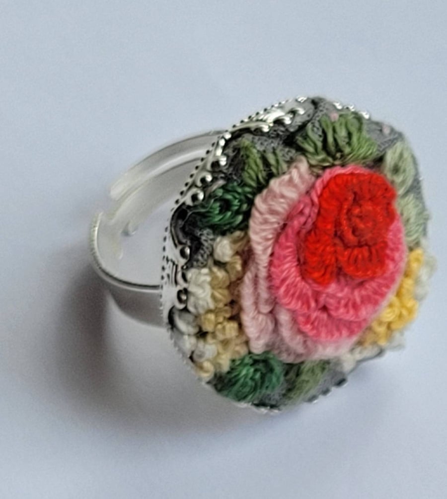 red roses adjustable ring, hand embroidered, handmade floral birthday gift