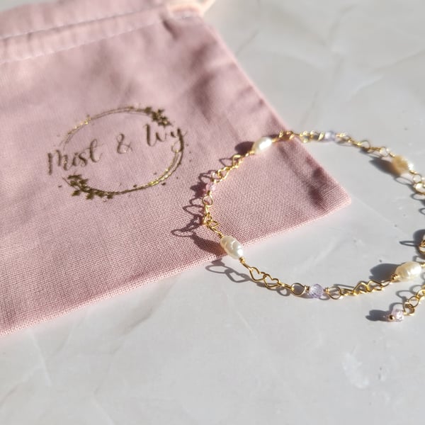 Heart Chain Bracelet with Pearls and Cubic Zirconia 14kt Gold Filled