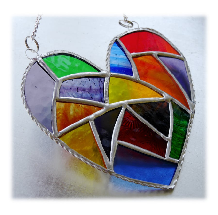 Fat Patchwork Heart Suncatcher Rainbow Stained Glass Handmade 