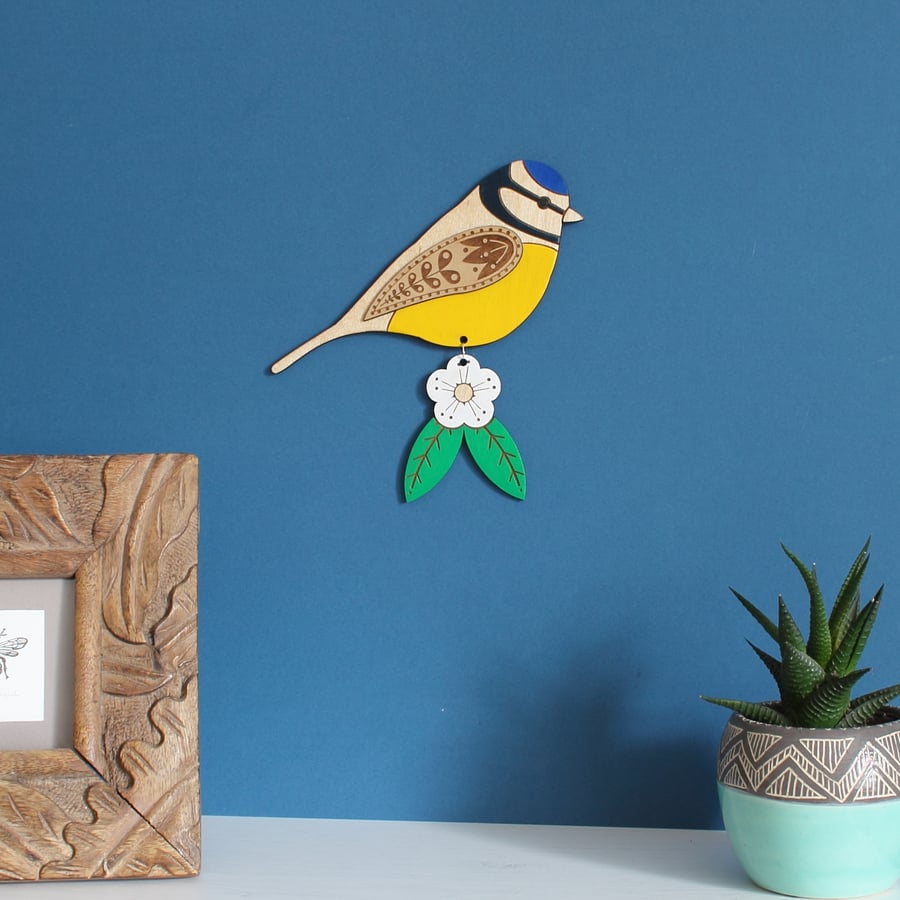 Large Hanging Wooden Blue Tit Wall Decoration