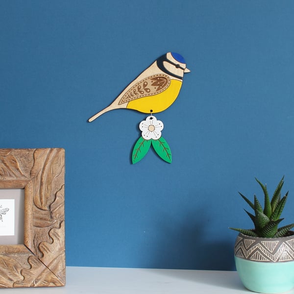Large Hanging Wooden Blue Tit Wall Decoration