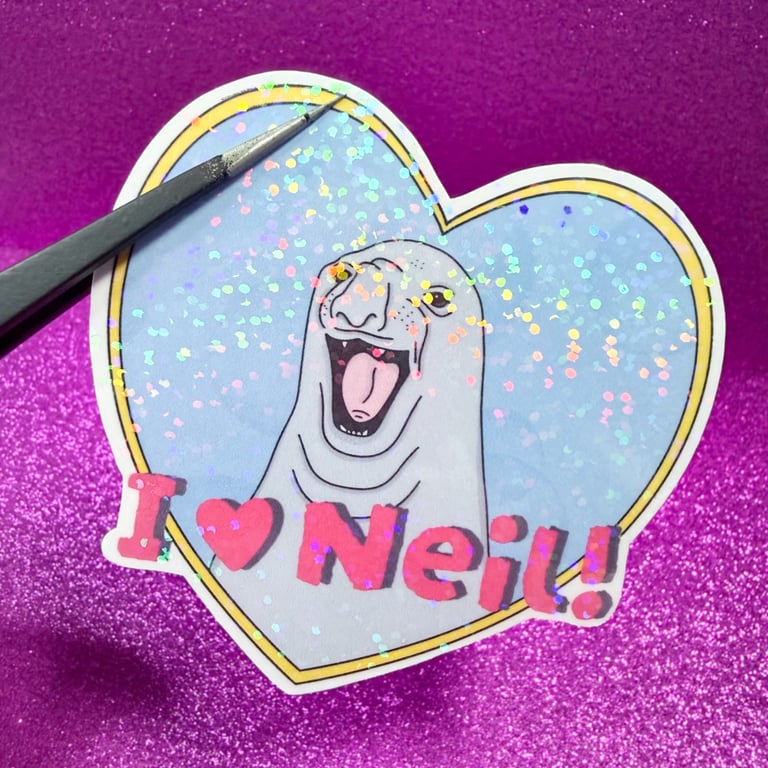 Neil The Seal ' I Heart Neil' Holo Glitter Heart Shaped Sticker