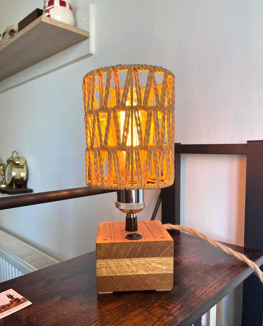 Oak Table Lamp with Rope Shade – Handmade Rustic Wooden Light