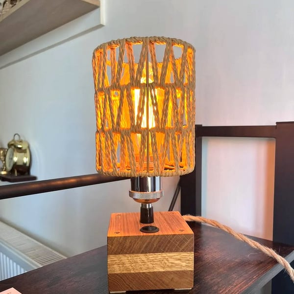 Oak Table Lamp with Rope Shade – Handmade Rustic Wooden Light