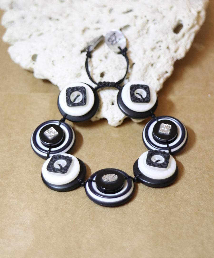 Black and white colors - Vintage Button Adjustable Handmade Bracelet