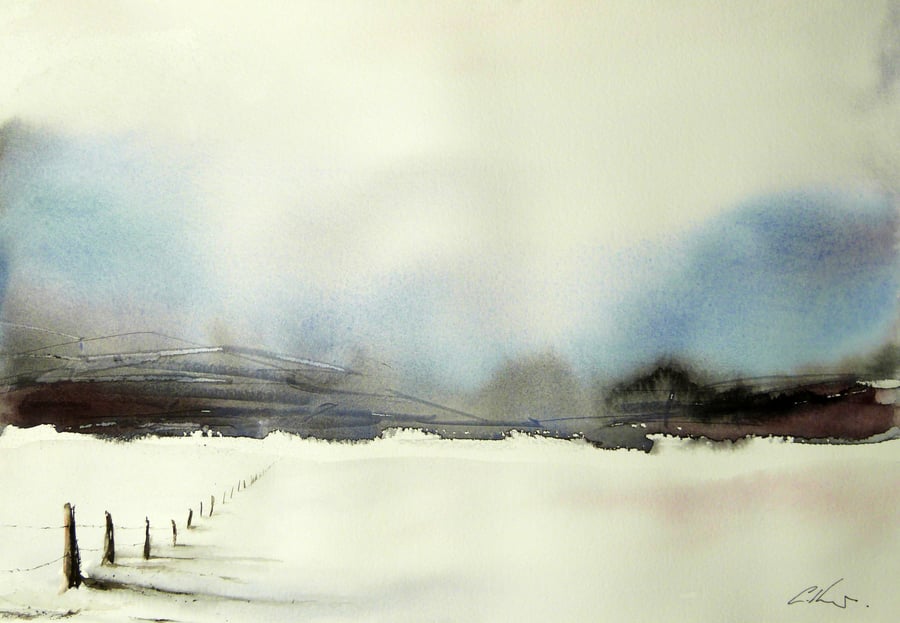A Fence in the Snow, Original Watercolour Painting.