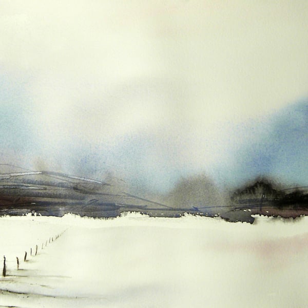 A Fence in the Snow, Original Watercolour Painting.
