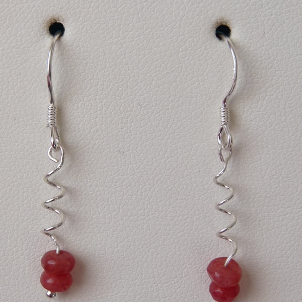 Rose Coloured Chinese Jade Spiral Earrings - Sterling Silver - Genuine Gemstone 