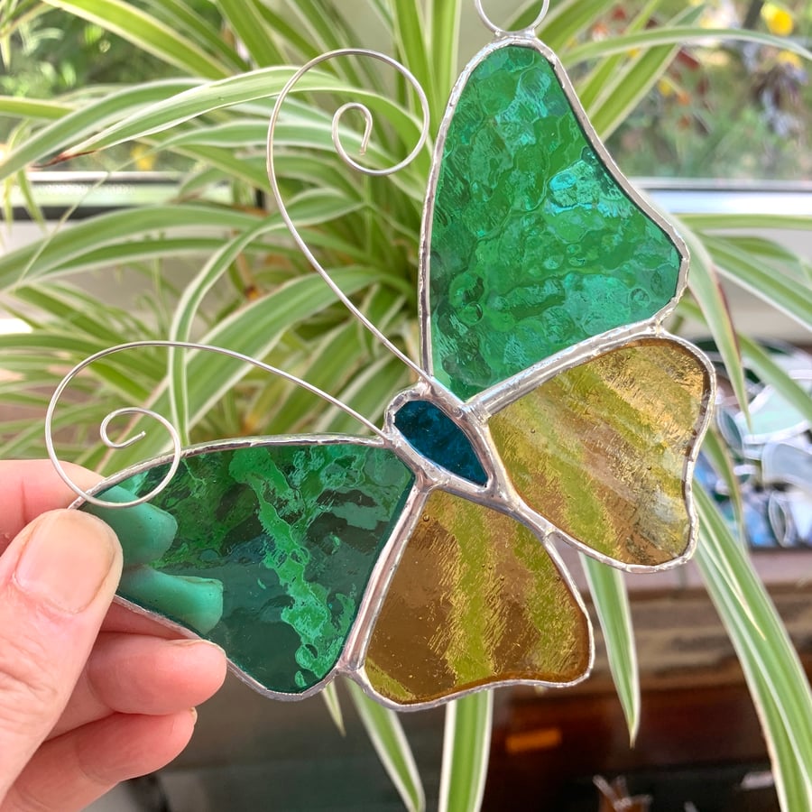 Stained Glass Butterfly Suncatcher - Handmade Decoration - Aqua and Amber