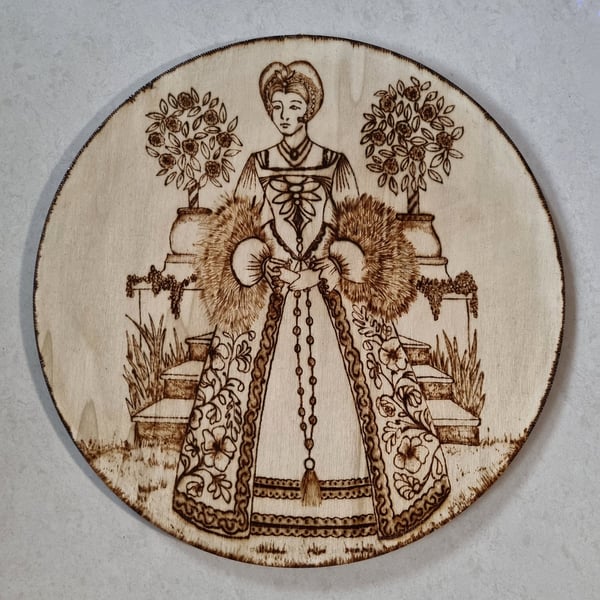 Classical lady woman, pyrography hand painted original wall hanging art 30cm