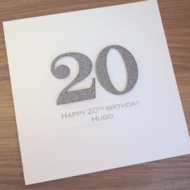 Handmade 20th birthday card - personalised with any age and message