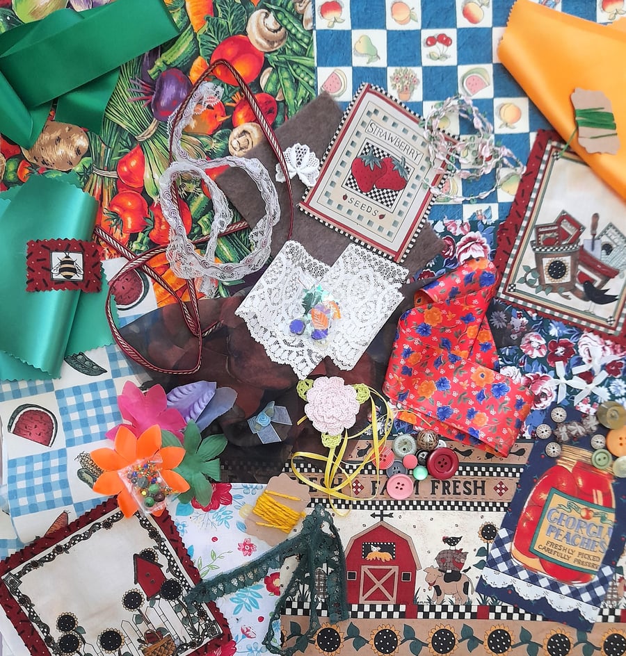Slow stitching kit - country garden theme, textile art kit, fabric remnants