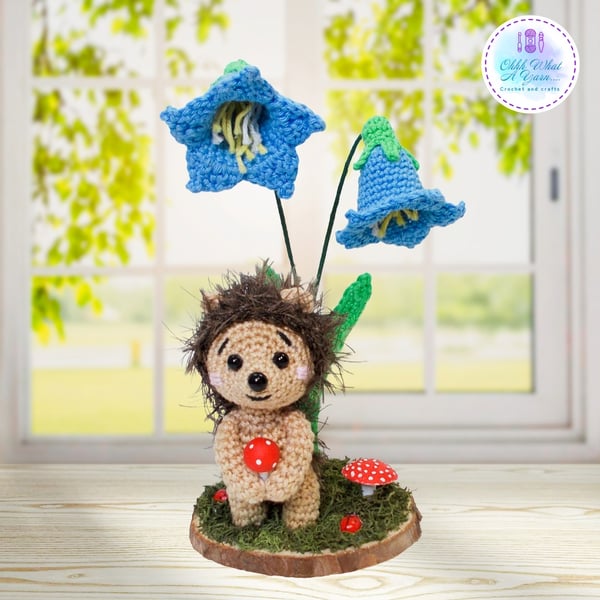 Crochet hedgehog and bluebells sculpture. Hedgehog ornament. Hedgehog decor.