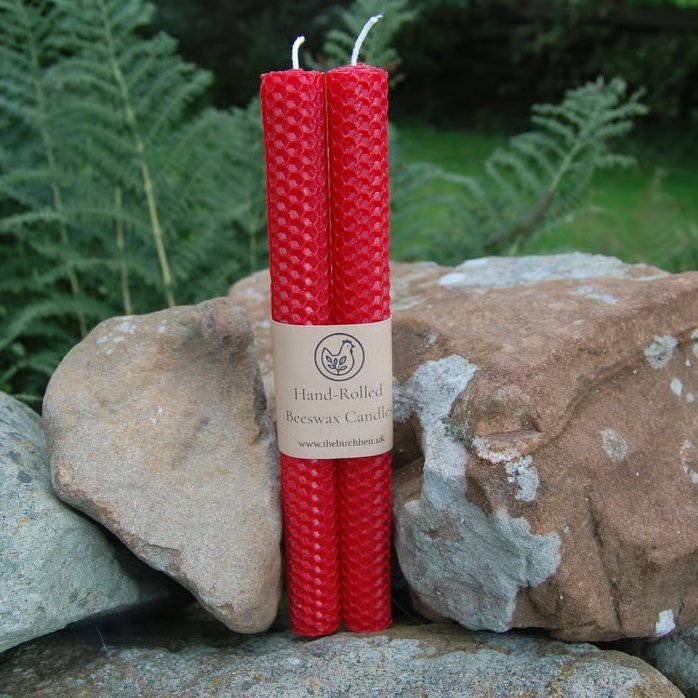Pair of Red Hand Rolled Beeswax Taper Candles 23cm - 9 inches - Natural Beeswax