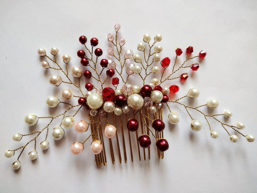 Wedding hair comb, red, pink and ivory hair accessory 