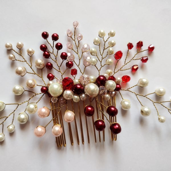 Wedding hair comb, red, pink and ivory hair accessory 