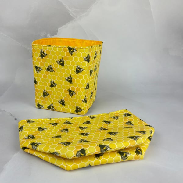 Bees fabric basket, Bumble bees storage bin, Handmade