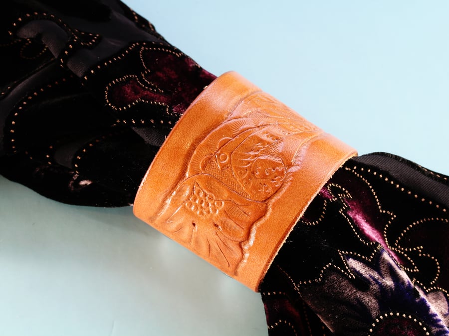 Hand Carved Floral Leather Scarf Cuff, Shawl Cuff Or Leather Bracelet