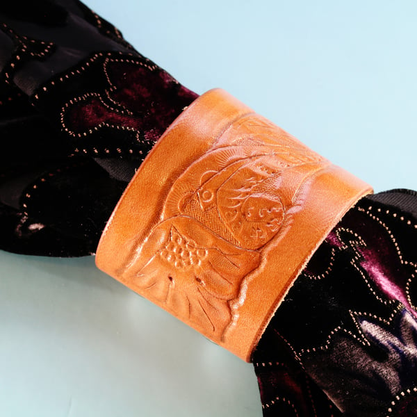 Hand Carved Floral Leather Scarf Cuff, Shawl Cuff Or Leather Bracelet