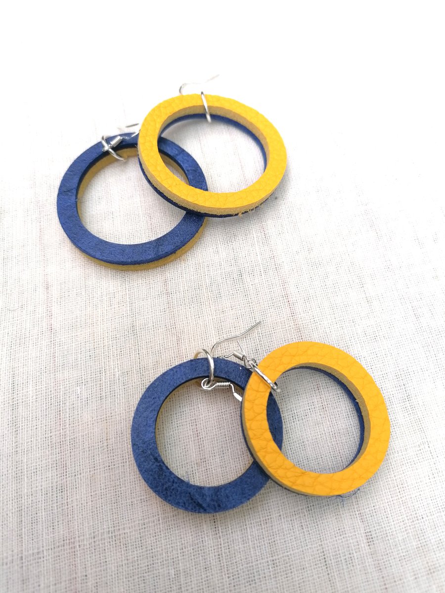 Colour Duo Leather Hoop Earrings -Yellow & Blue, Sterling Silver
