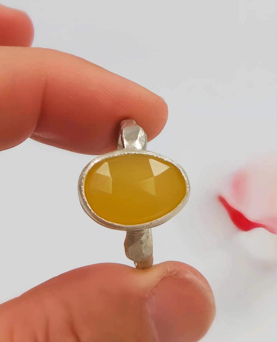 Molten Silver Ring with Yellow Opal Slice - Rose Cut Bezel Set - Size Q