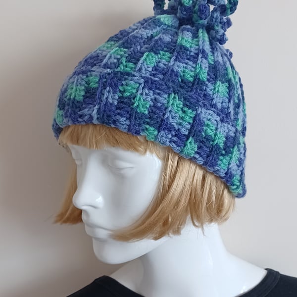 Great Fun Funky Beanie Crochet Hat In Blues And Greens (J104)