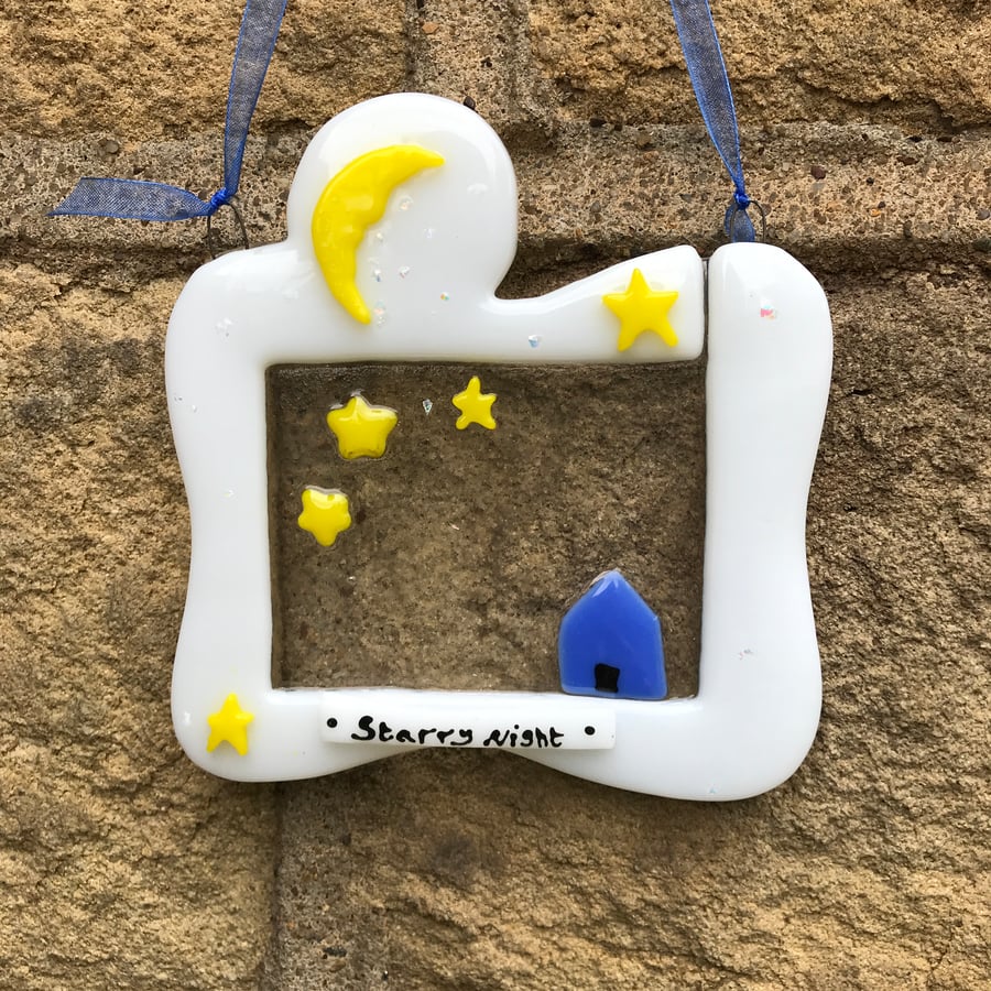 Starry night Fused glass wall hanging, housewarming gift, stars and moon