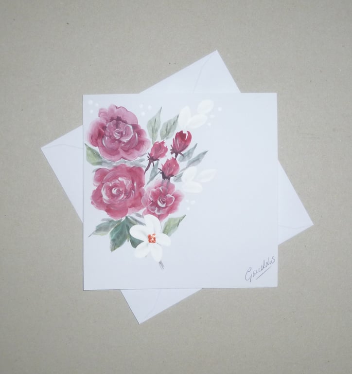 hand painted roses original art blank greetings card ( ref FA116 A3 )