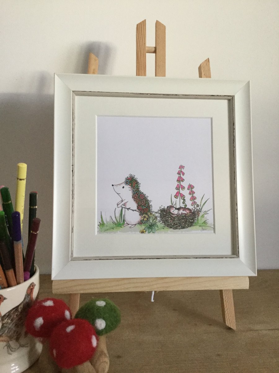 Hedgehog and baby framed 9.5 x 9.5 print