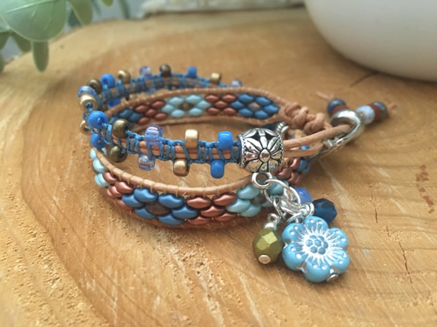 Macrame leather beaded 2 x wrap boho bracelet, mothers day, gift for teen girl