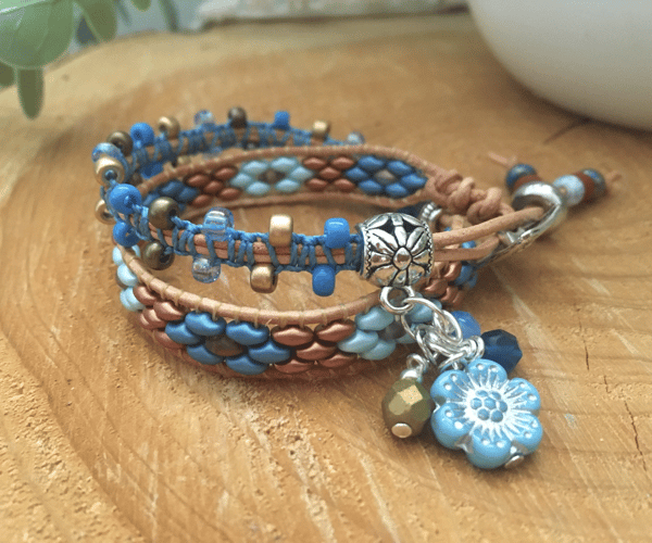 Macrame leather beaded 2 x wrap boho bracelet, mothers day, gift for teen girl