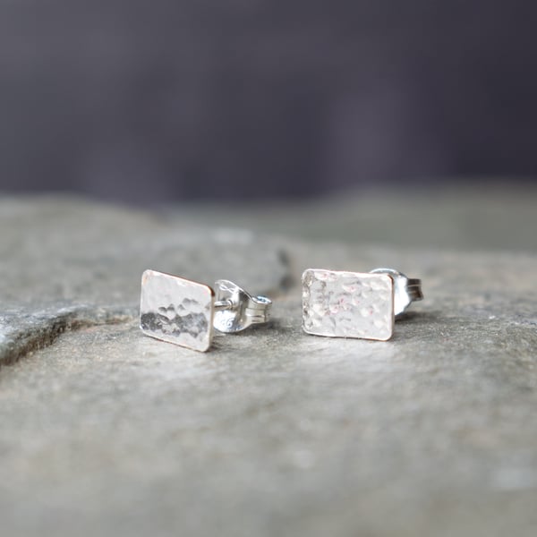 Rectangle Earrings, Rustic Hammered Silver Studs made with Recycled Silver