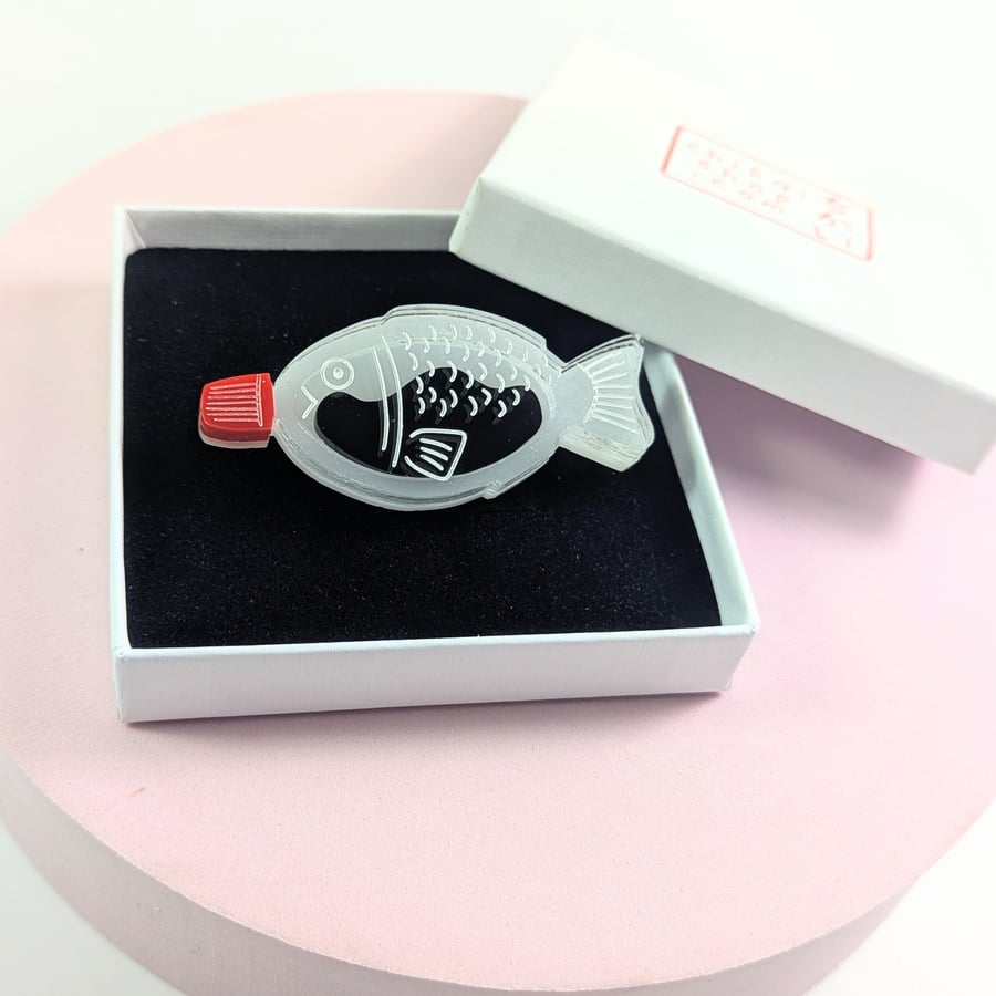 Soy Sauce fish bottle brooch Japan sushi acrylic Japanese food lover takeaway