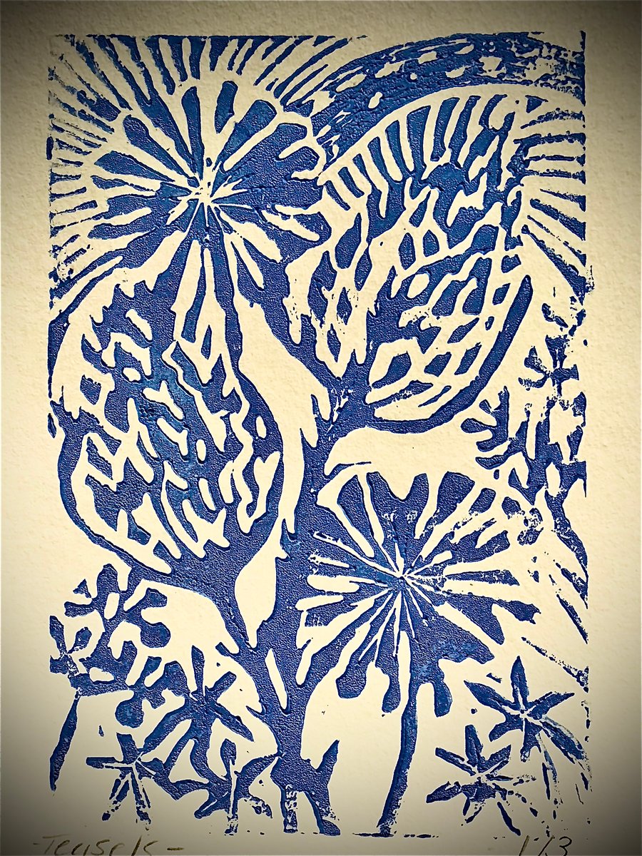 Teasels. Blue. Lino print card.