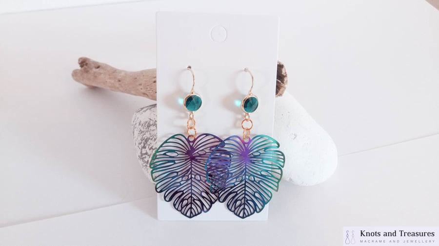 Iridescent Monstera Leaf  with Blue Glass Gold Earrings 