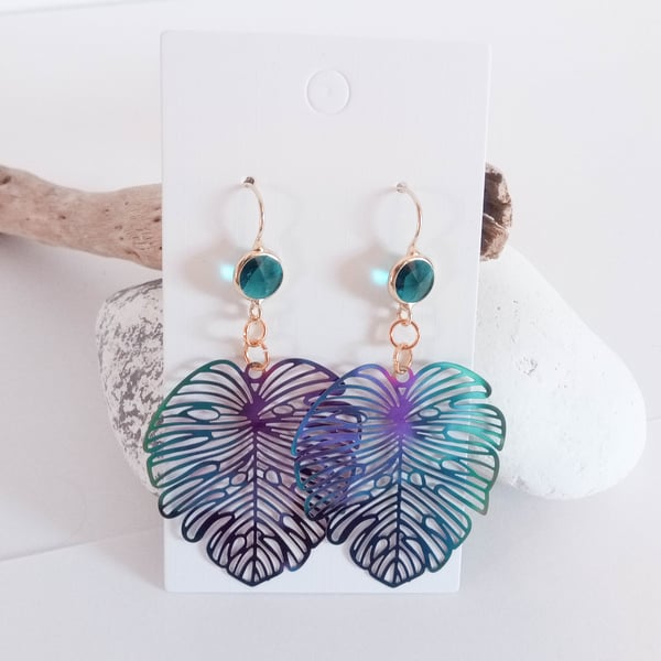 Iridescent Monstera Leaf  with Blue Glass Gold Earrings 