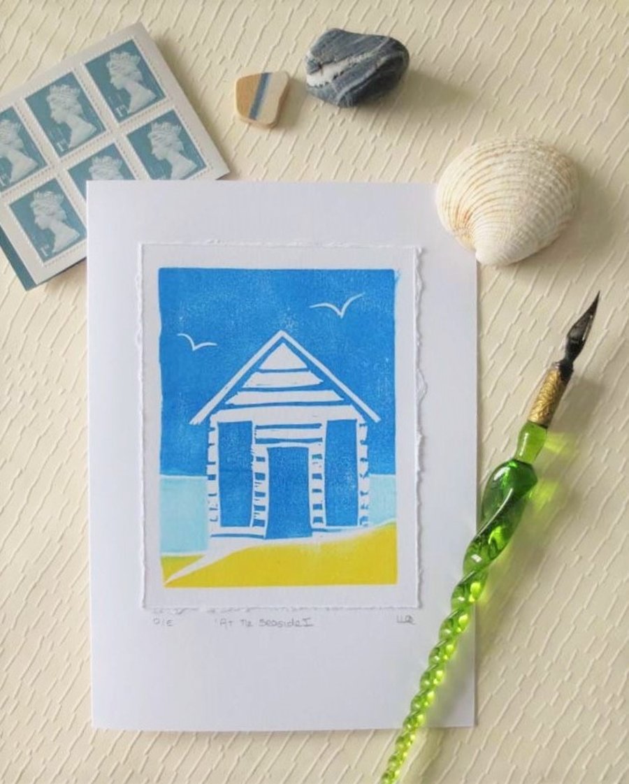 Block printed beach hut blank greeting card - At the Seaside I
