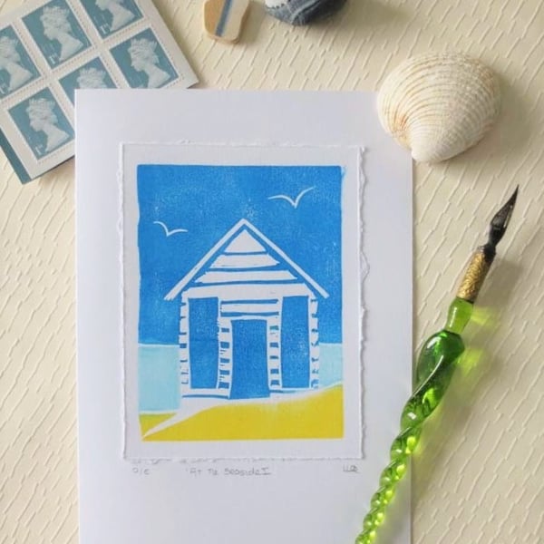 Block printed beach hut blank greeting card - At the Seaside I
