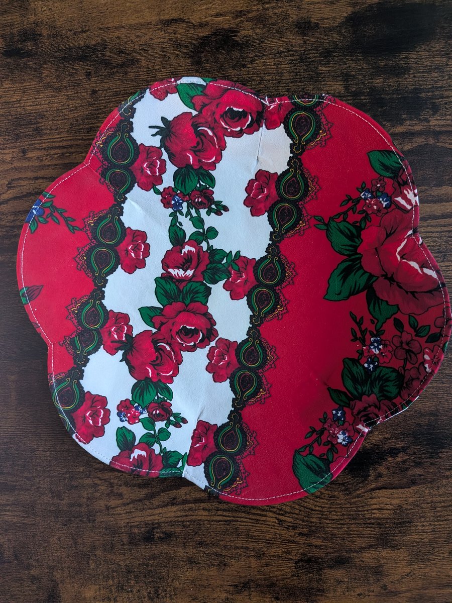 Large Handmade Floral Textile Bowl – Red&White Water-Resistant Fabric Dish –27cm