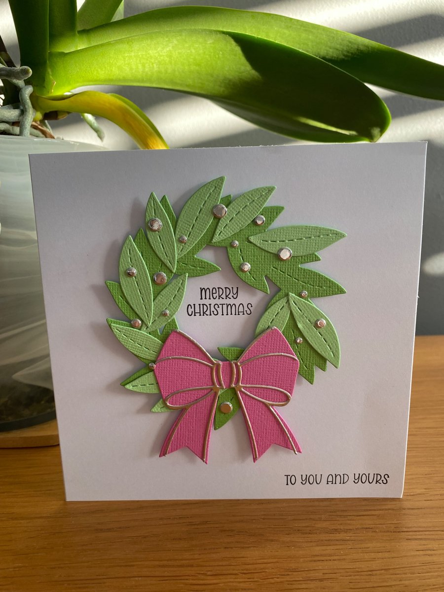 Handmade Modern Christmas Card – Pink Bow Wreath 