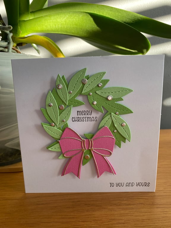 Handmade Modern Christmas Card – Pink Bow Wreath 