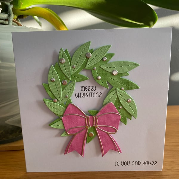 Handmade Modern Christmas Card – Pink Bow Wreath 